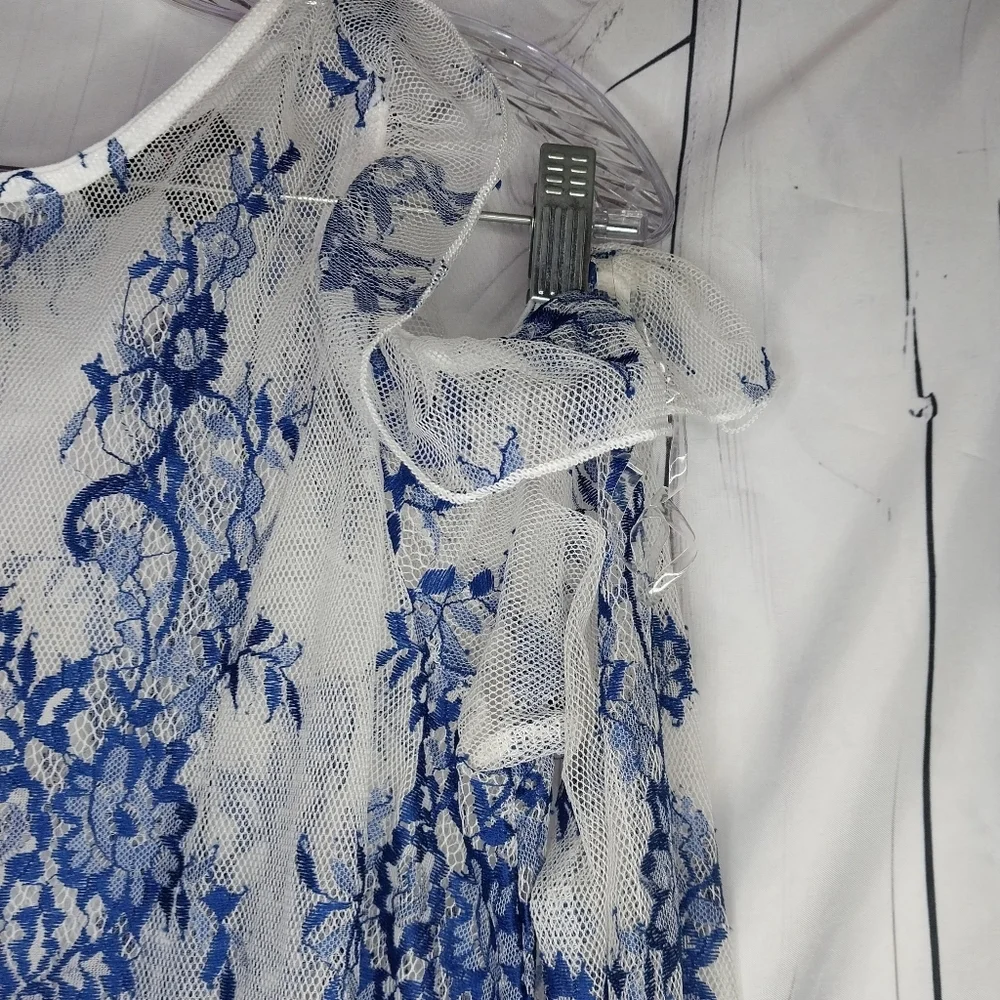 Fashion Nova Sheer Cold Shoulder Blue And White Floral Lace Romantic Top - Picture 2 of 10